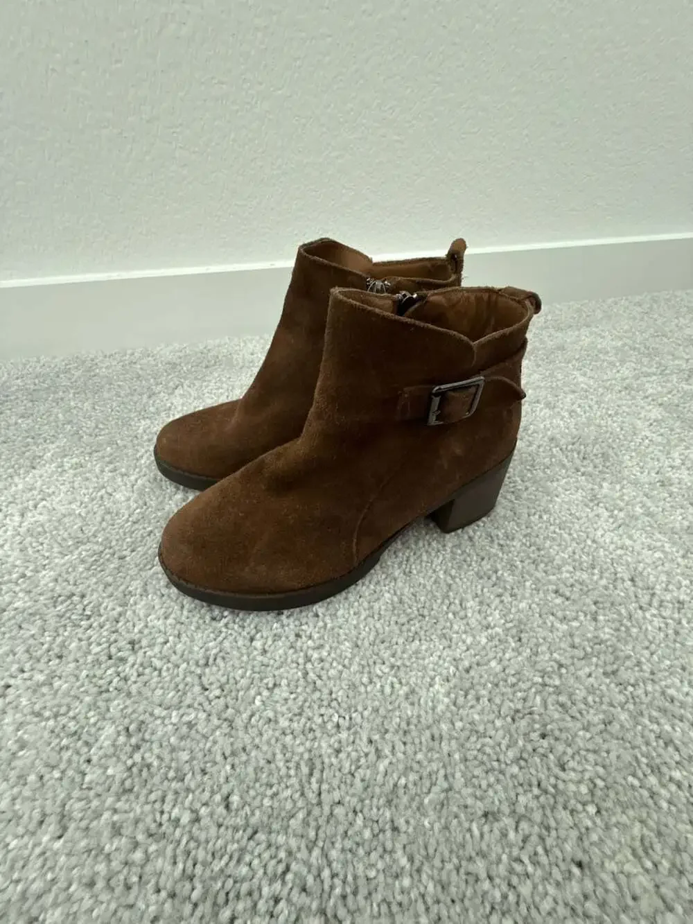 YGMMN Brown Suede Block Heel Ankle Booties with Side Buckle